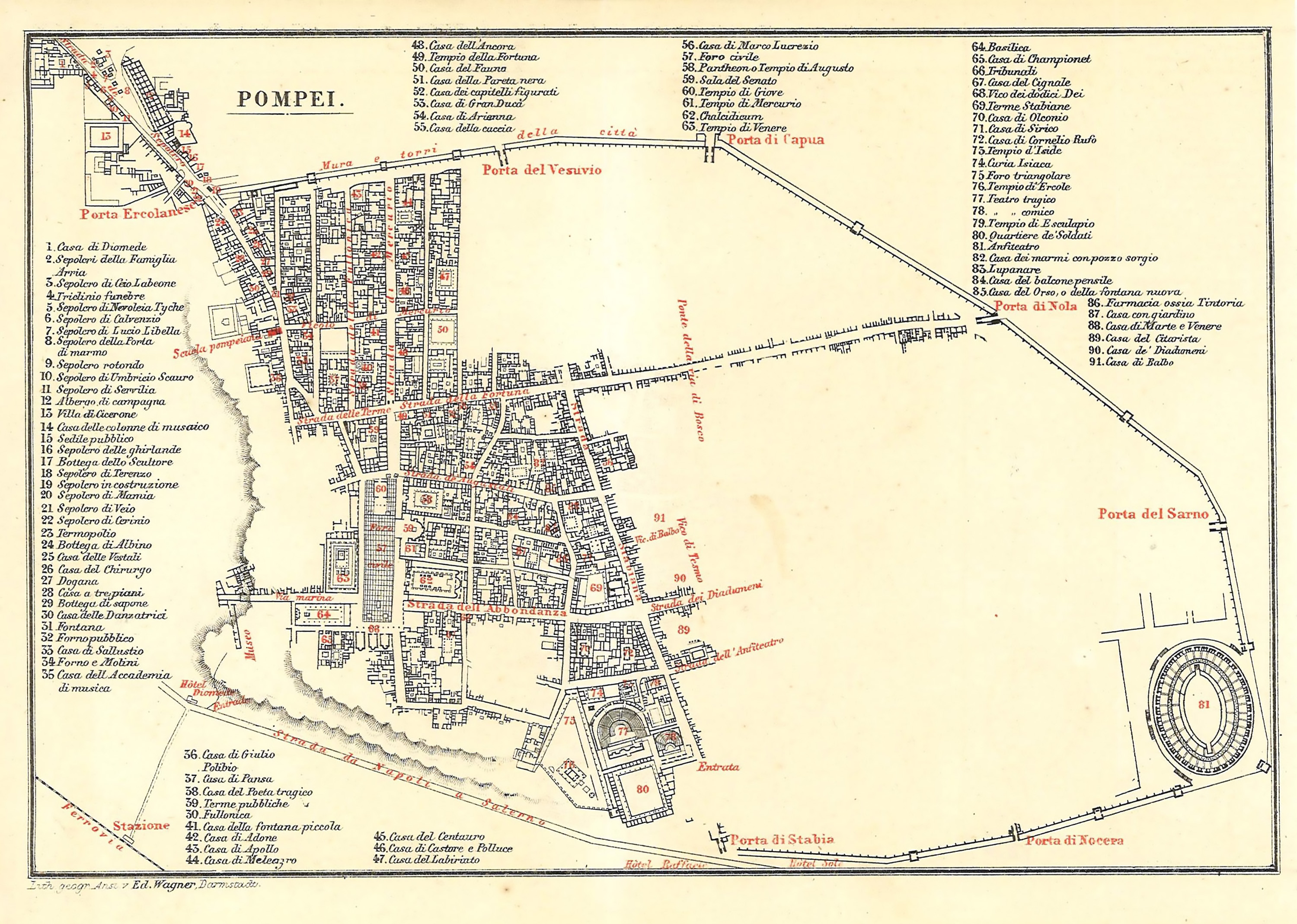 Plan Pompeii 1870s Baedecker   Bauer 